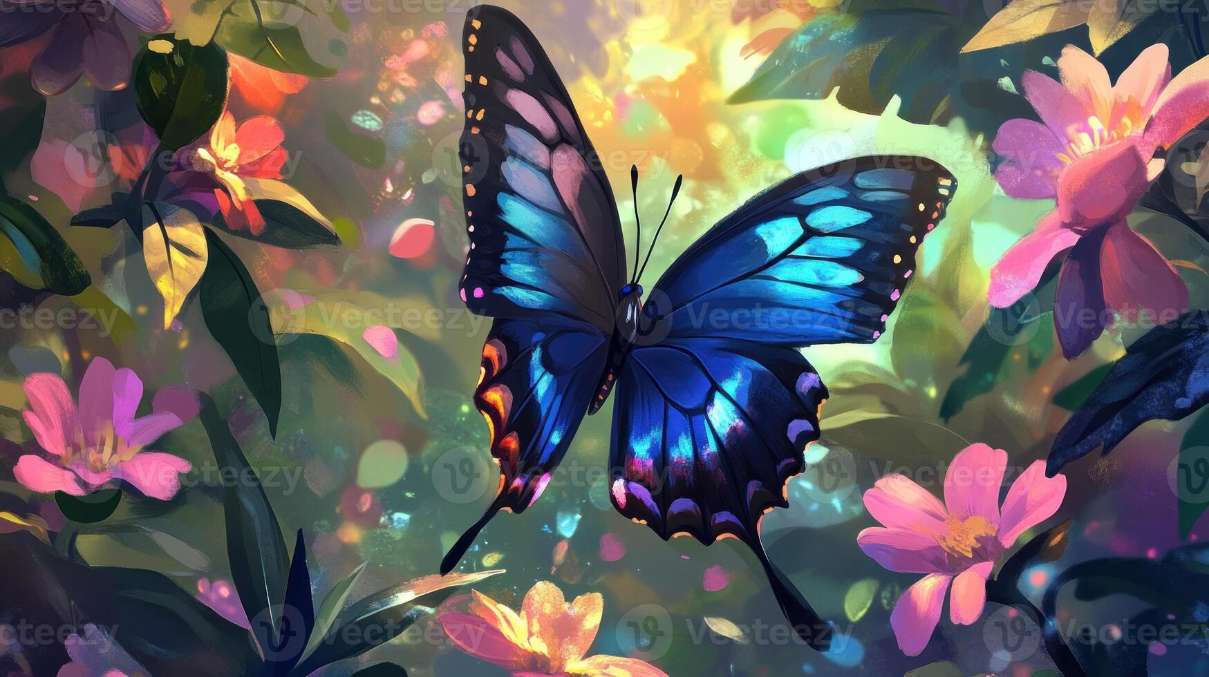 Vibrant butterfly amidst colorful blossoms photo