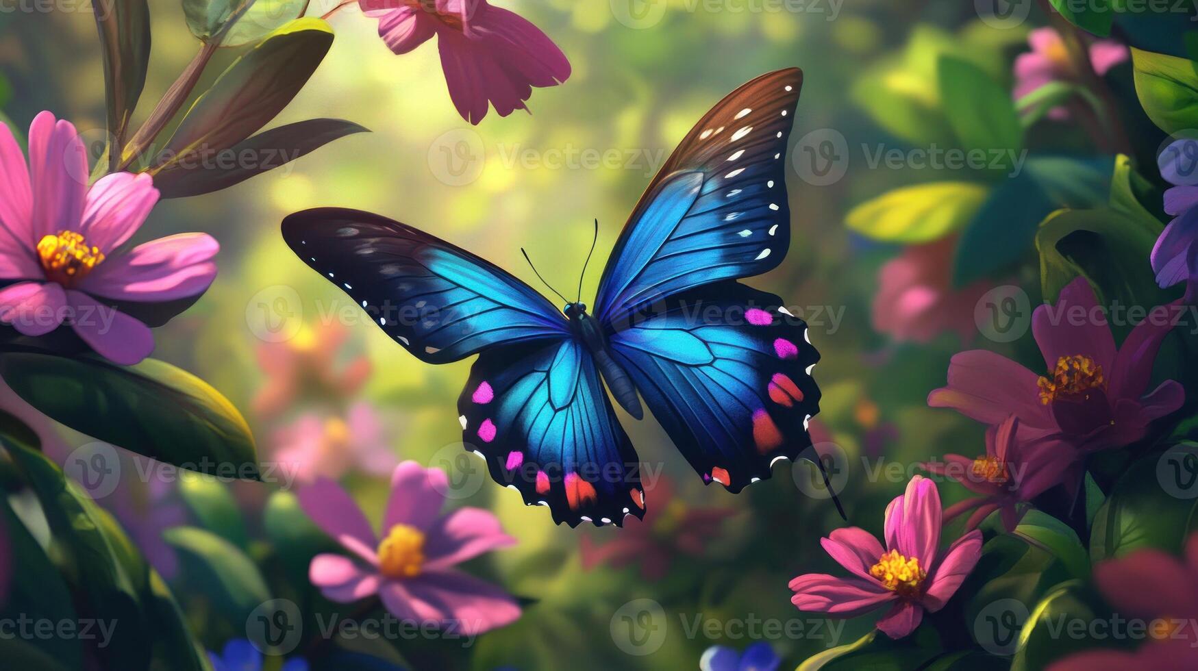 Vibrant blue butterfly amidst flowers in a lush garden setting. Sunlight streams through foliage photo