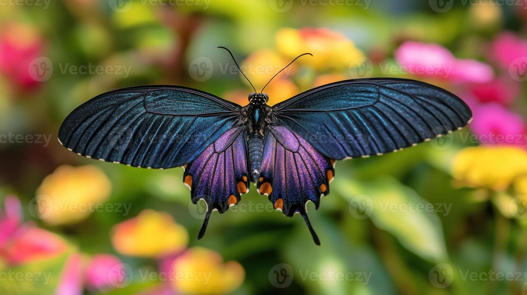 A vibrant, dark purple-blue butterfly, wings outstretched, against a bokeh background of colorful flowers photo