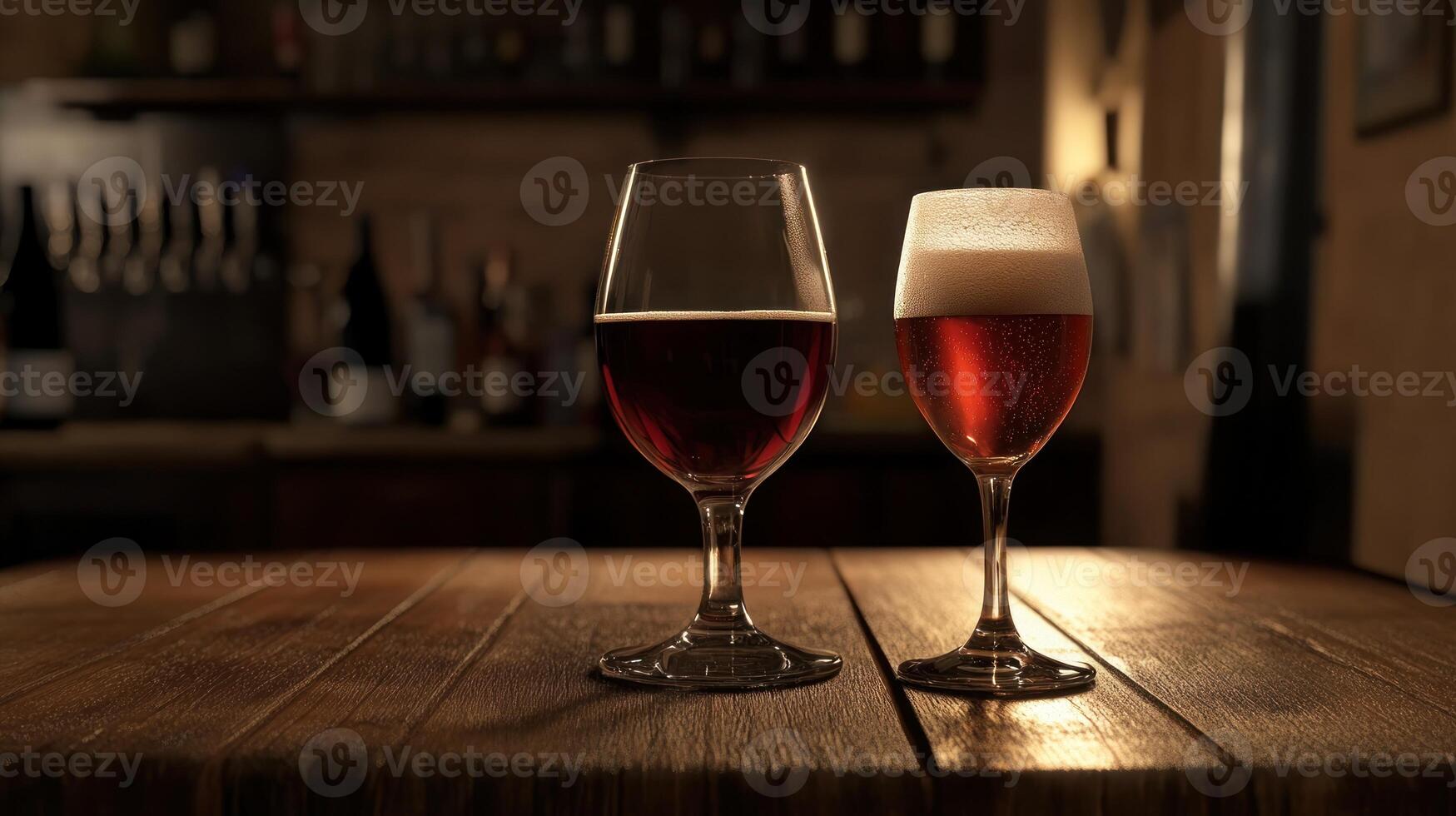 Two glasses of amber and reddish beer on a wooden bar top, in a dimly lit pub photo