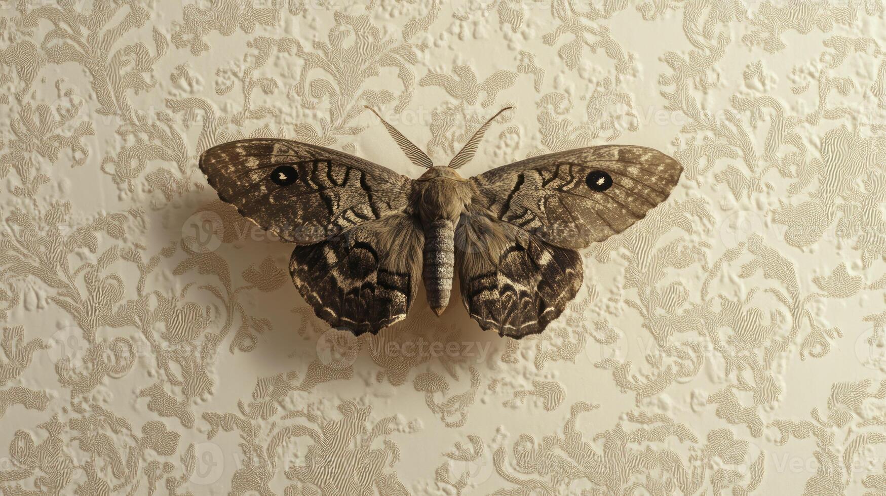 A moth, dark brown and gray, rests on a cream-colored damask wallpaper. Its wings are spread wide, showcasing intricate patterns. The wallpaper features a repeating floral design photo