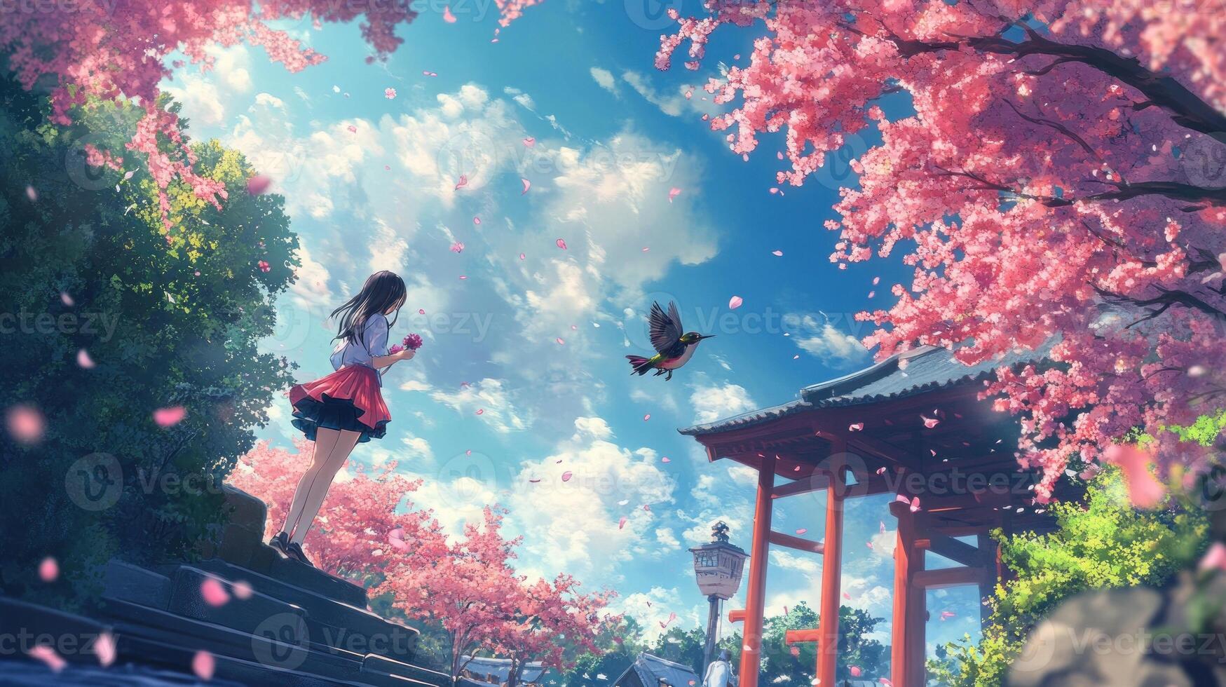 Girl amidst cherry blossoms, a serene spring scene photo