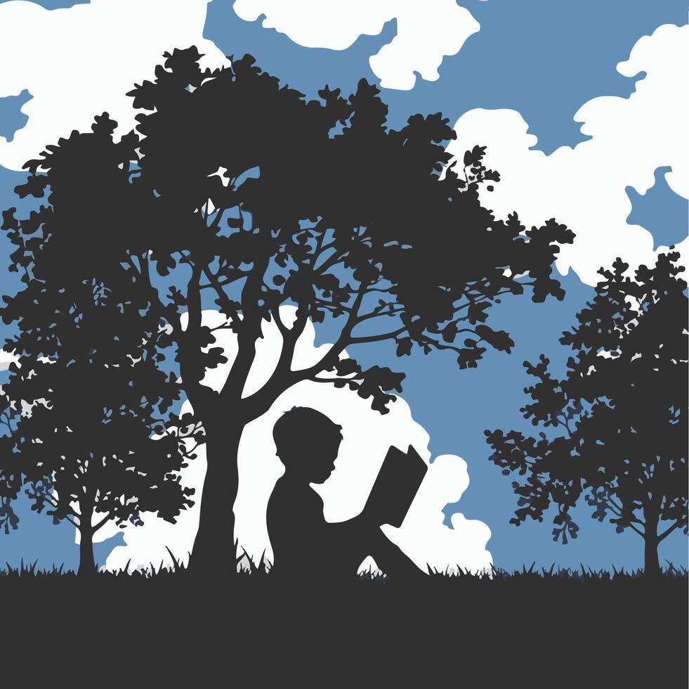 A cartoon depicting a boy on a rock reading a book vector