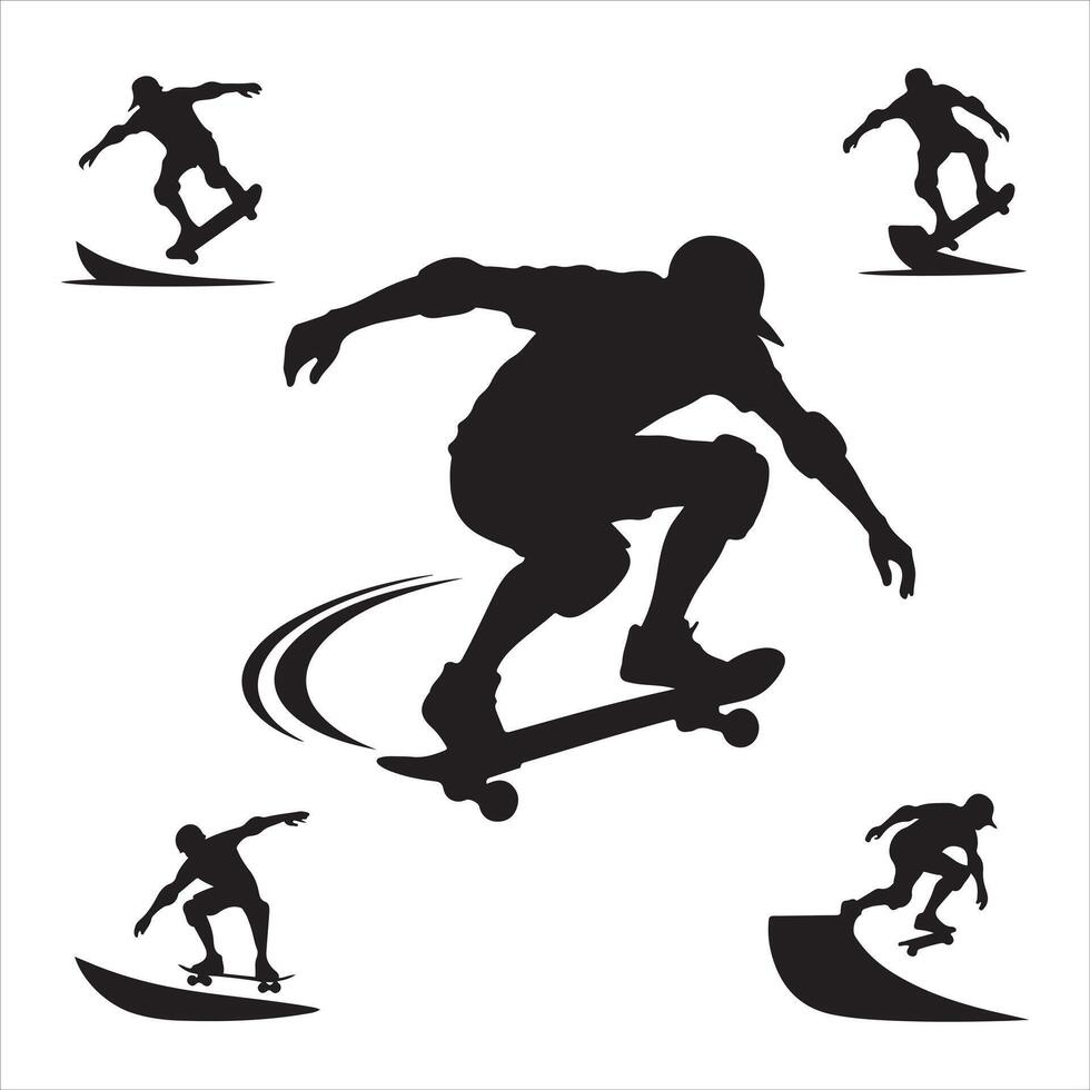 Extreme Skateboarding Scene Silhouette with Multiple Skaters in Urban Motion vector