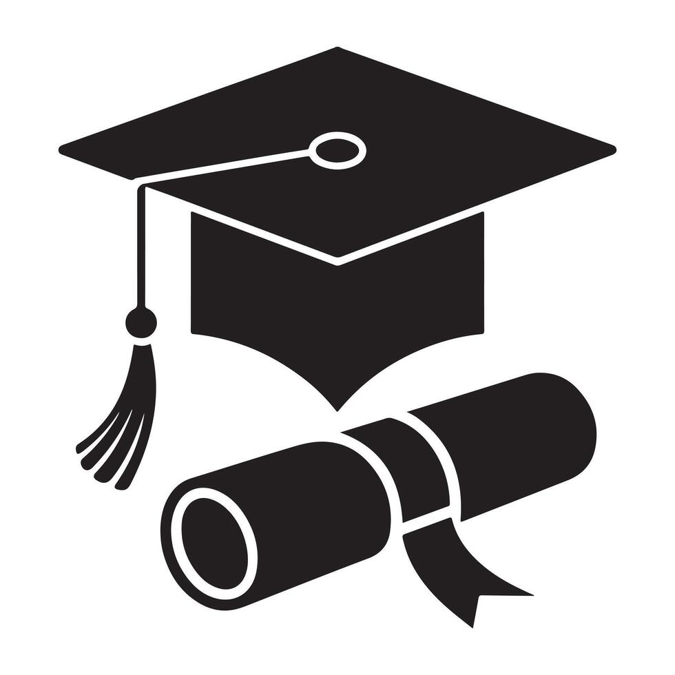 Graduation Cap and Diploma Scroll Icon in Silhouette Style vector