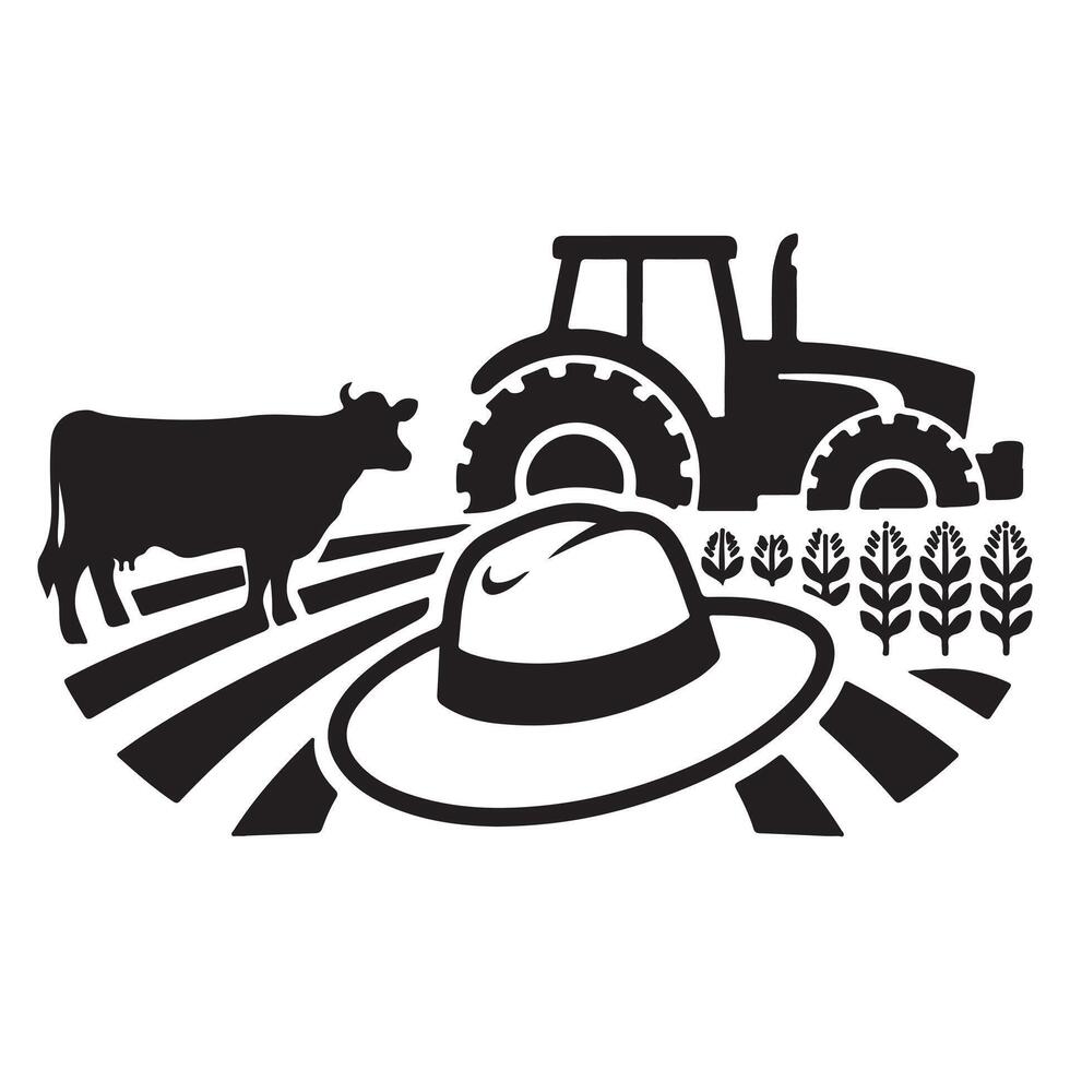 Farm Scene with Tractor, Cow, and Farmer's Hat vector