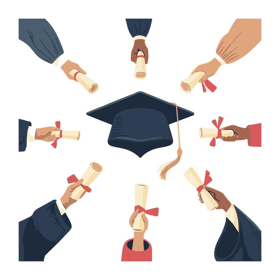 Flat Graduation Art with Caps and Diplomas in Hand vector