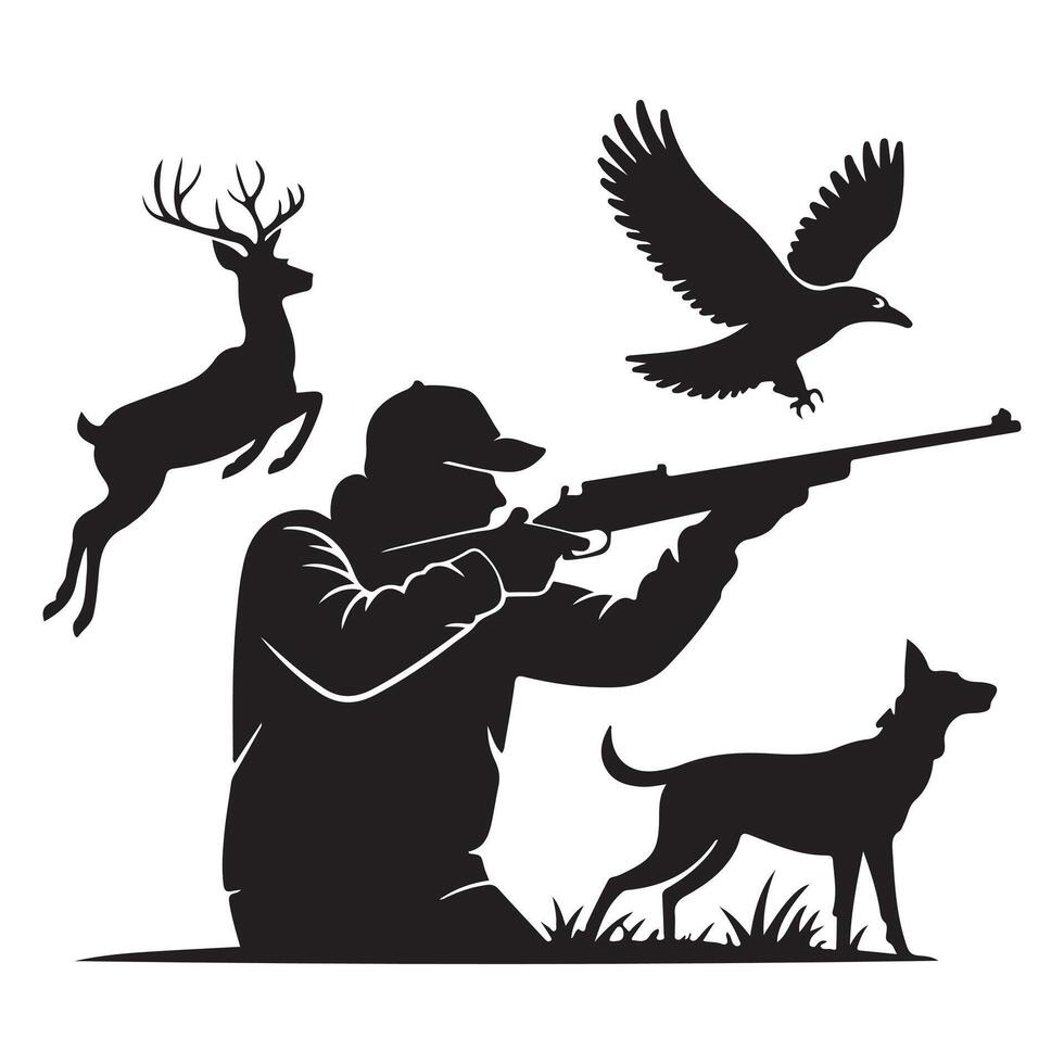 Focused Hunter with Dog and Flying Birds vector