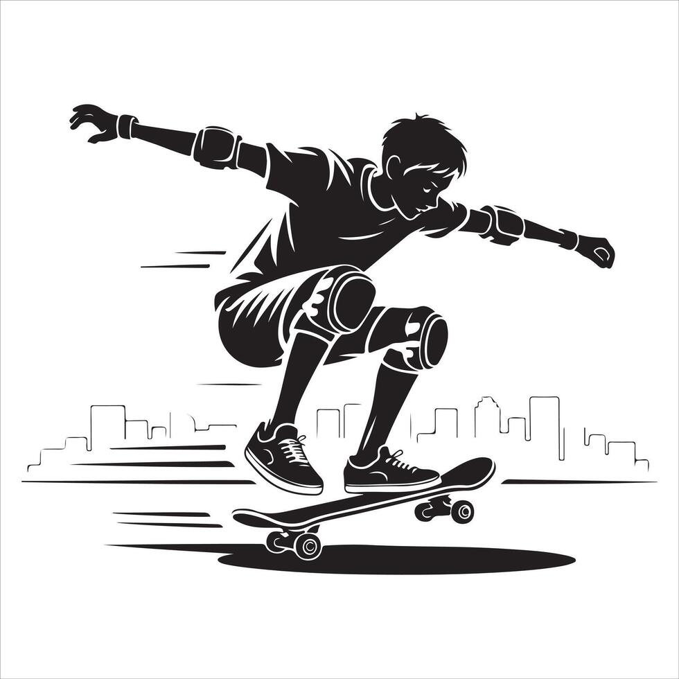 Urban Skateboarder Silhouette Art Showing Jumping Trick with City Background vector