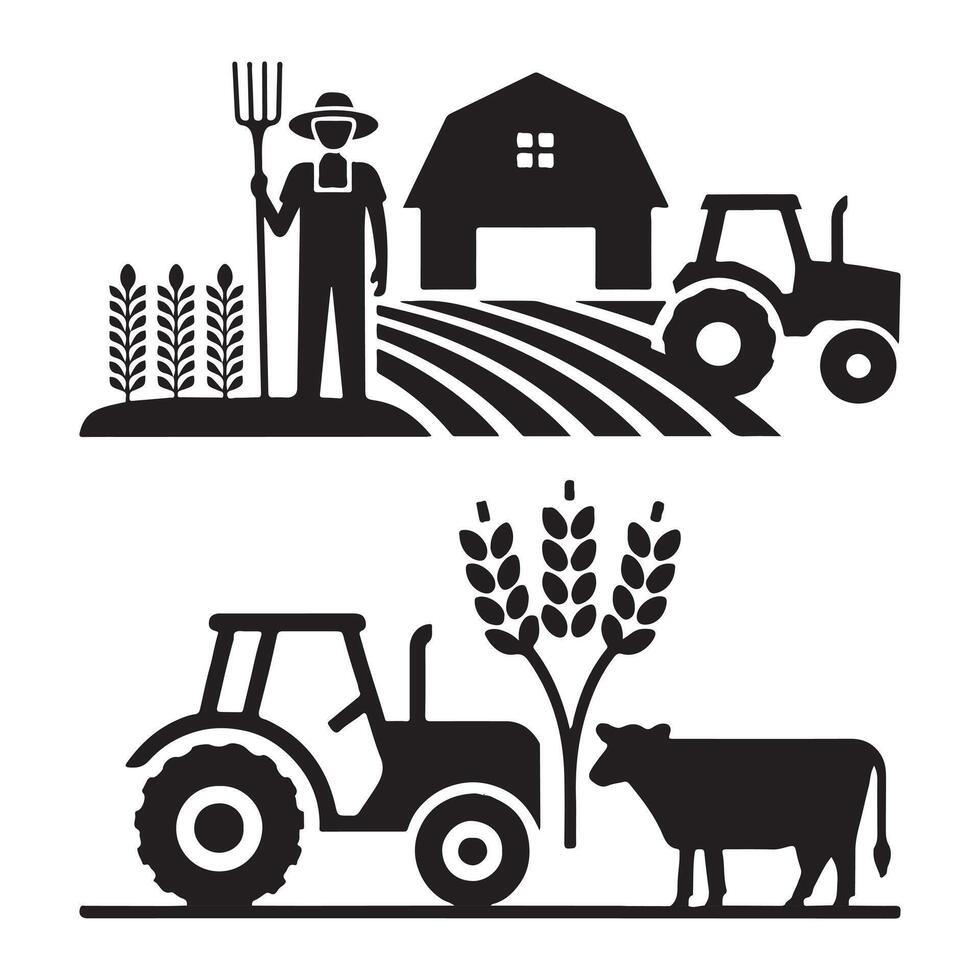 Farm Scene Farmer, Tractor, and Barn vector