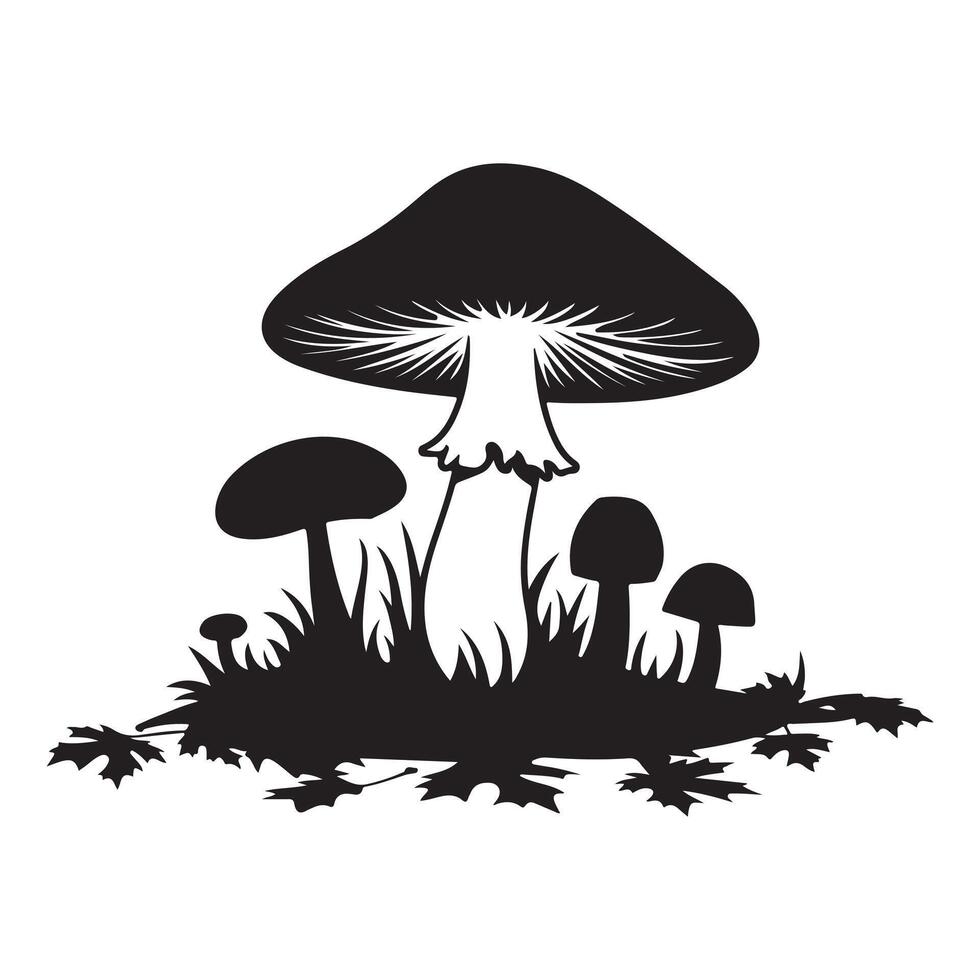 Silhouette Art of Mushroom Scene with Grass Detailed Fungi Landscape vector
