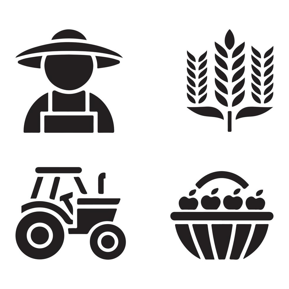 Farming Icons Farmer, Wheat, Tractor and Harvested Apples vector