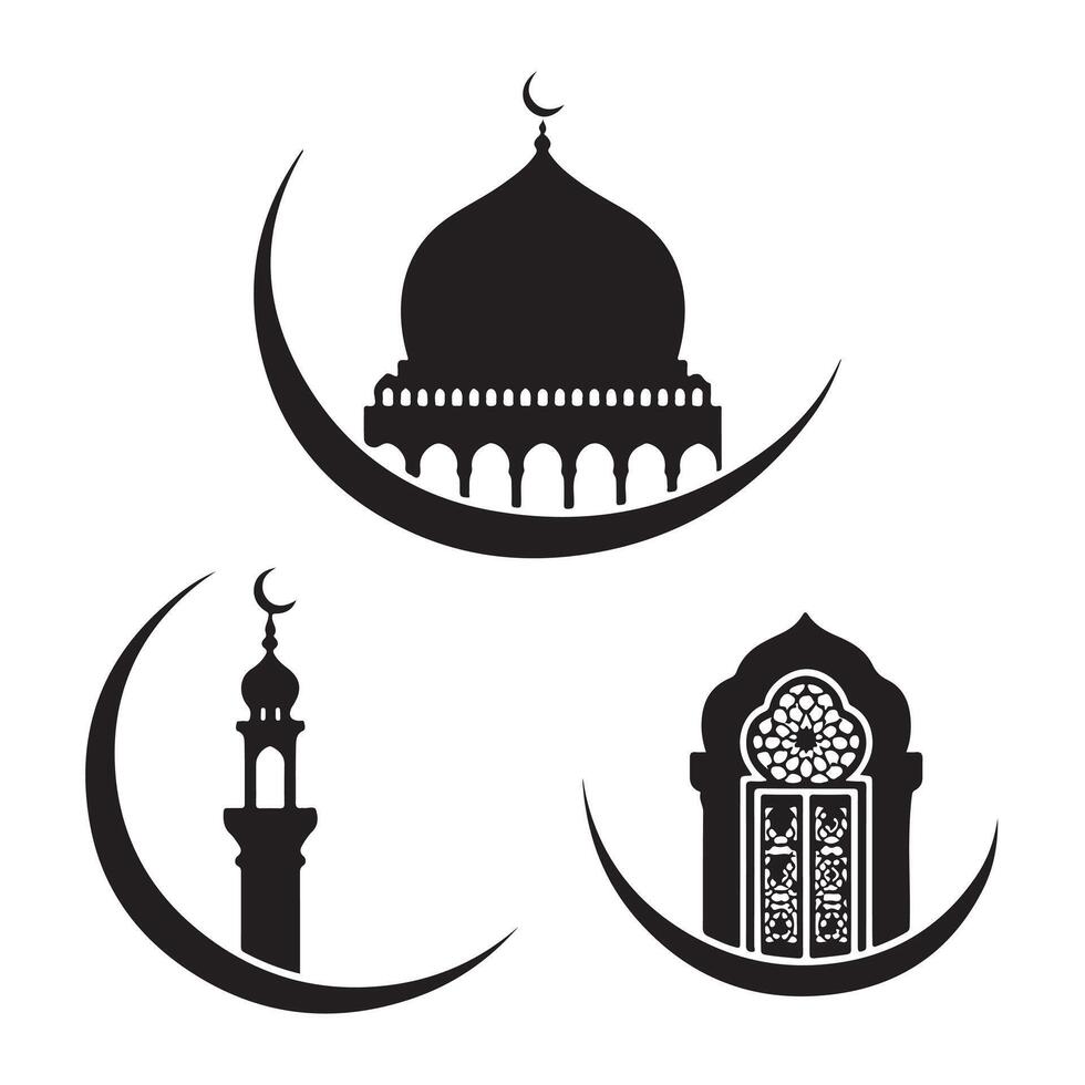 Crescent Moon with Mosque and Minaret Silhouette Art for Spiritual Themes vector
