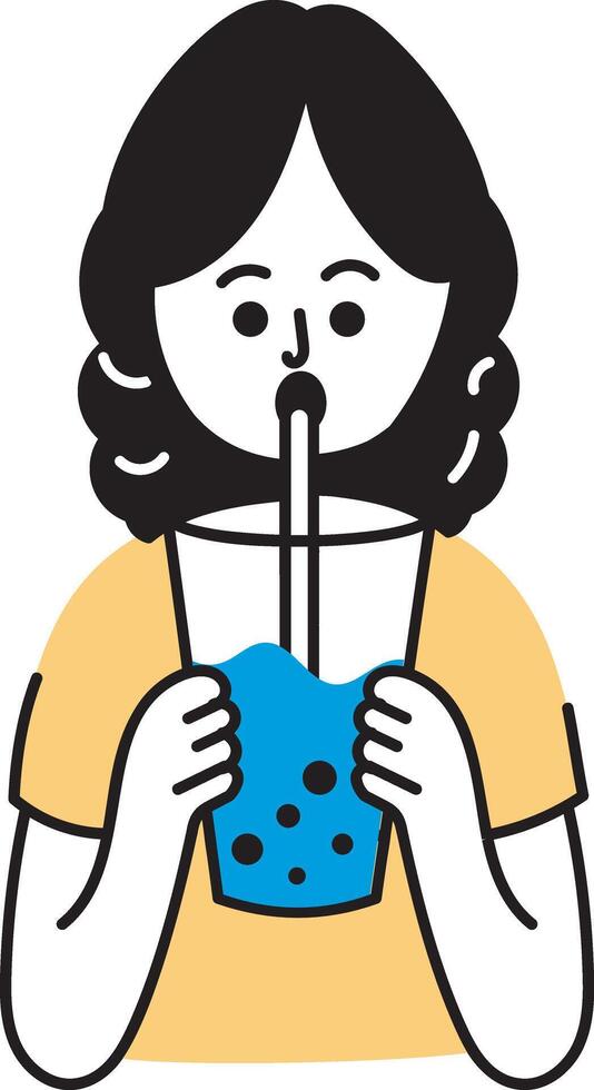 A hand drawn style illustration showing a character drinking boba vector
