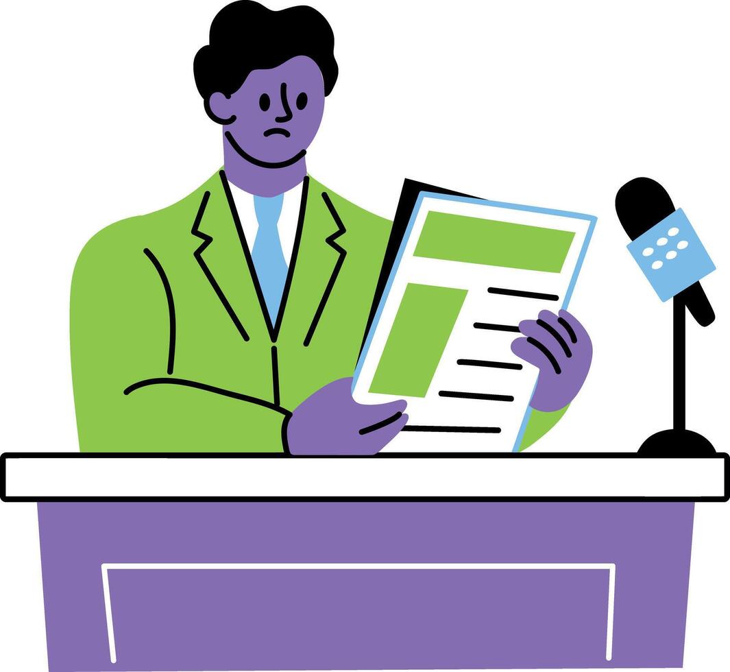 A flat style illustration showing newscaster vector