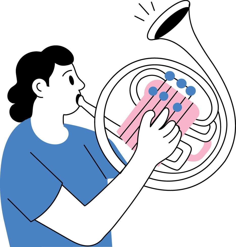 Hand drawn illustration showing a character playing a classic french horn vector