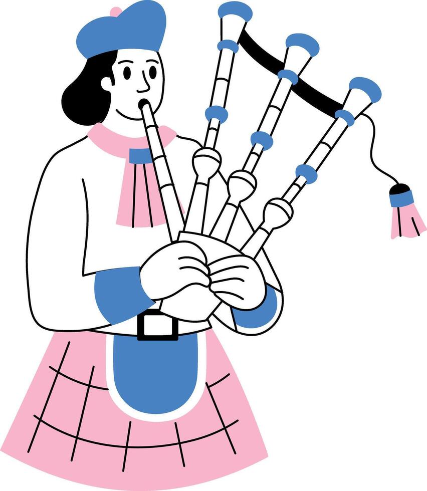 Hand drawn illustration of a scottish bagpiper playing tunes vector