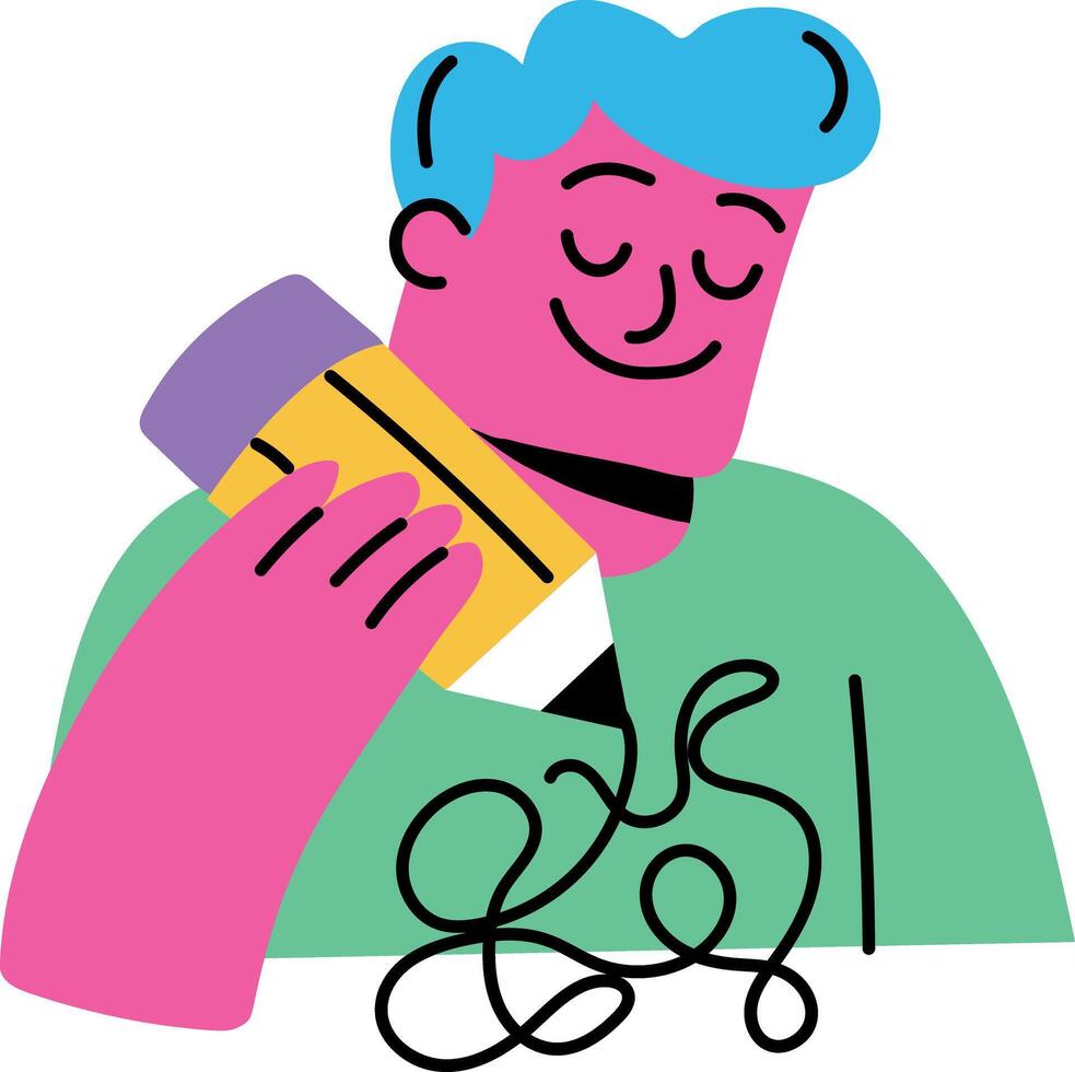 A character doing sketching with a pencil, flat illustration vector