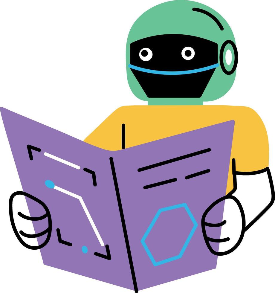 A flat style illustration showing a robot reading book vector