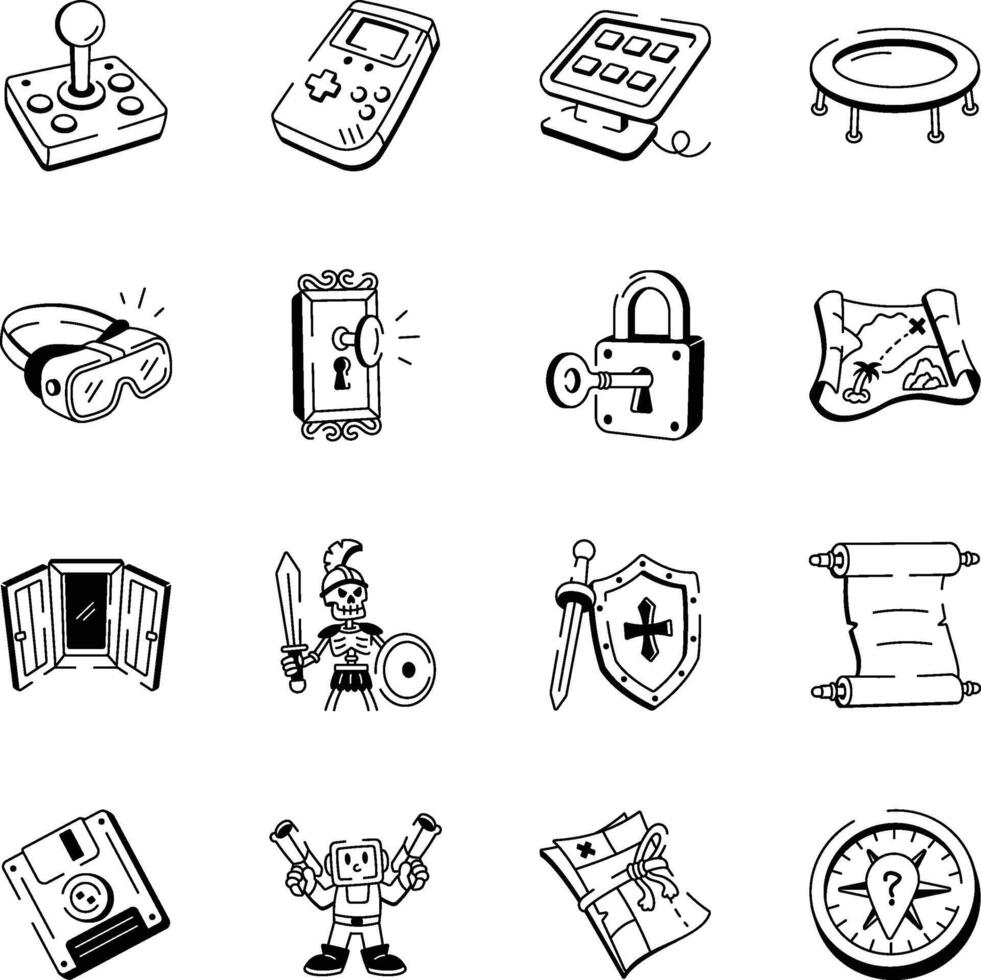 Set of 16 Gaming Gadgets Drawing Style Icons vector