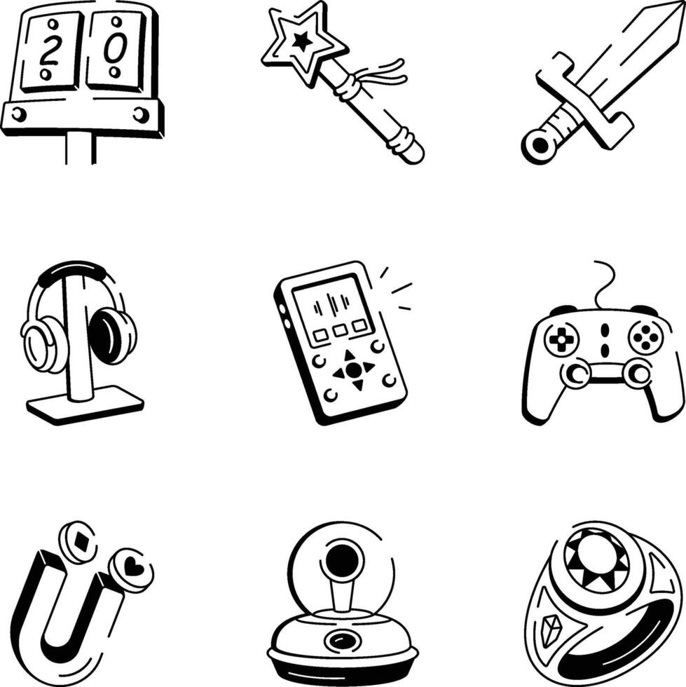 Pack of Gaming Assets Doodle Style Icons vector
