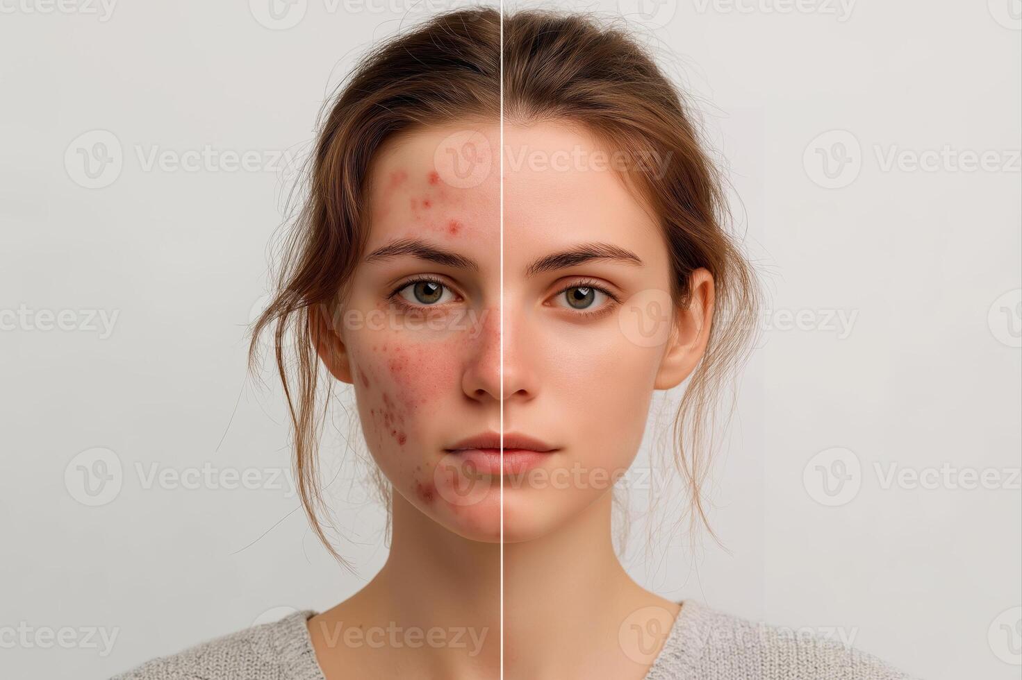 snapshot of the face and body of a young woman with skin problems - pimples, acne, enlarged pores. with or without a filter. On the other hand, healthy skin. photo