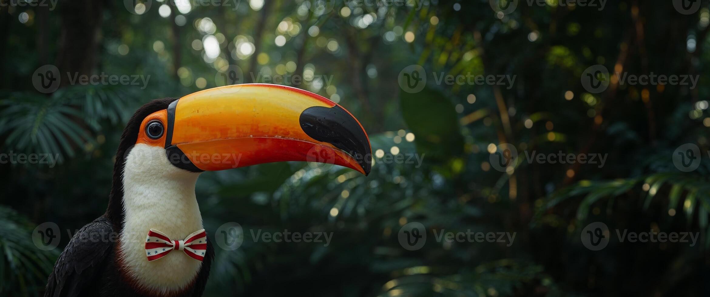 A toucan with a bow tie standing in the jungle photo