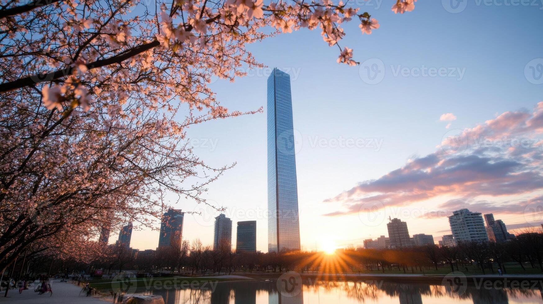 Cherry Blossoms Skyscraper Sunrise photo
