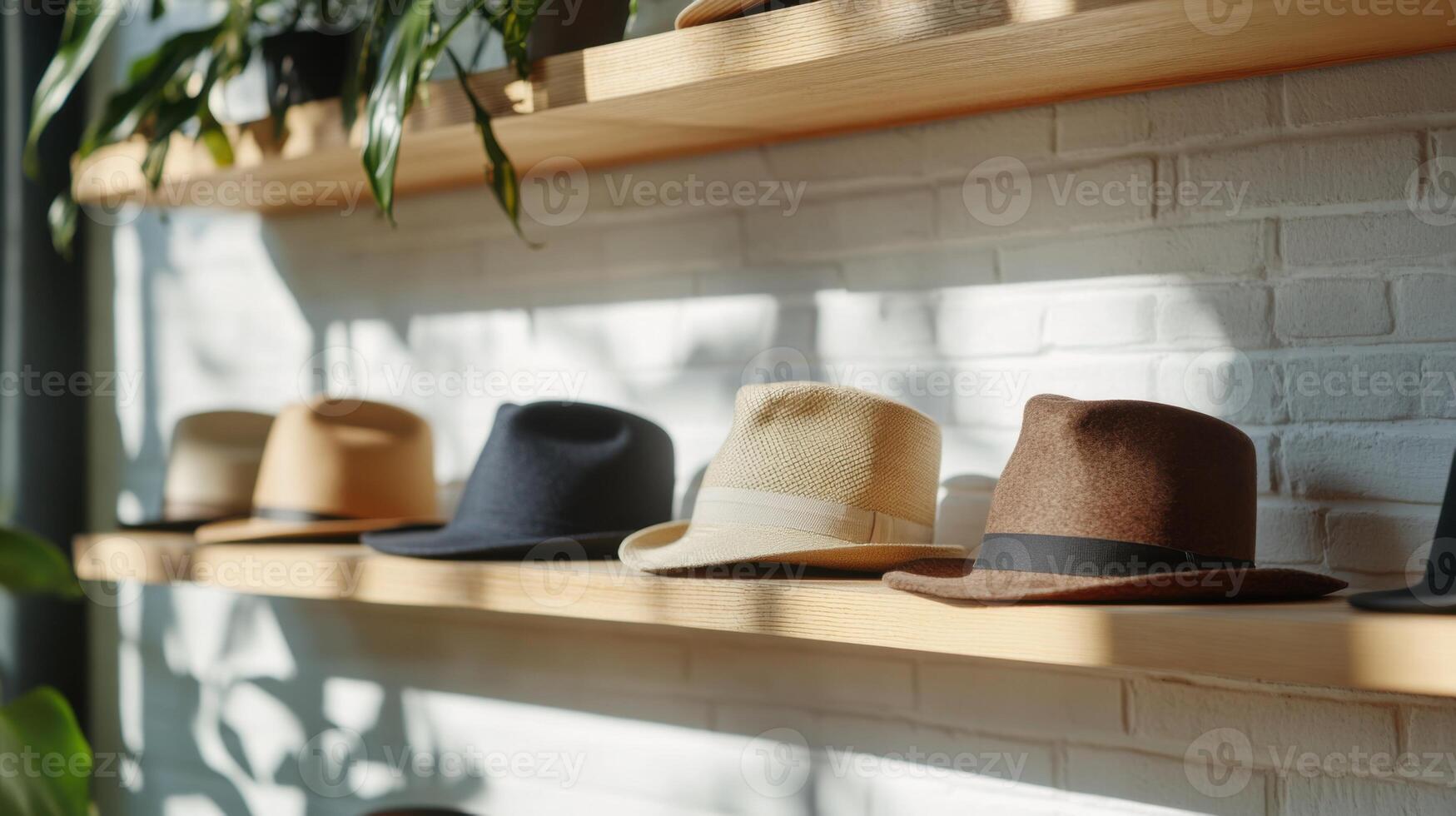 Hats on Shelves, Sunny Shop Interior photo