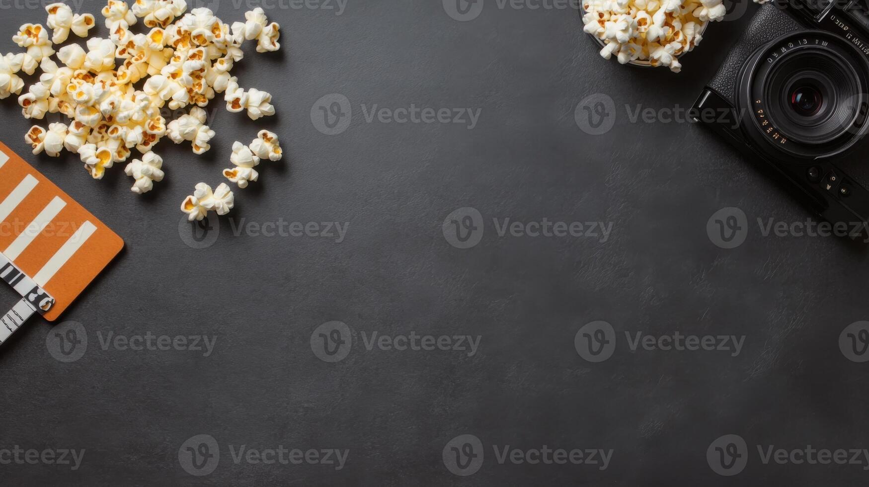 Popcorn, Film Clapper, Camera on Dark Desk photo