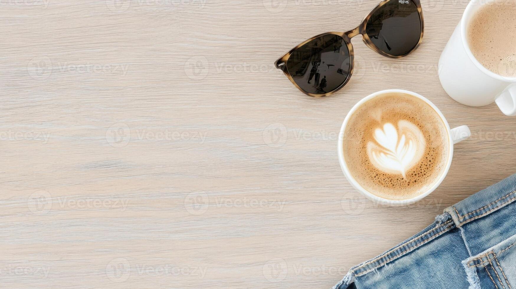Latte, Sunglasses, Jeans on Table photo