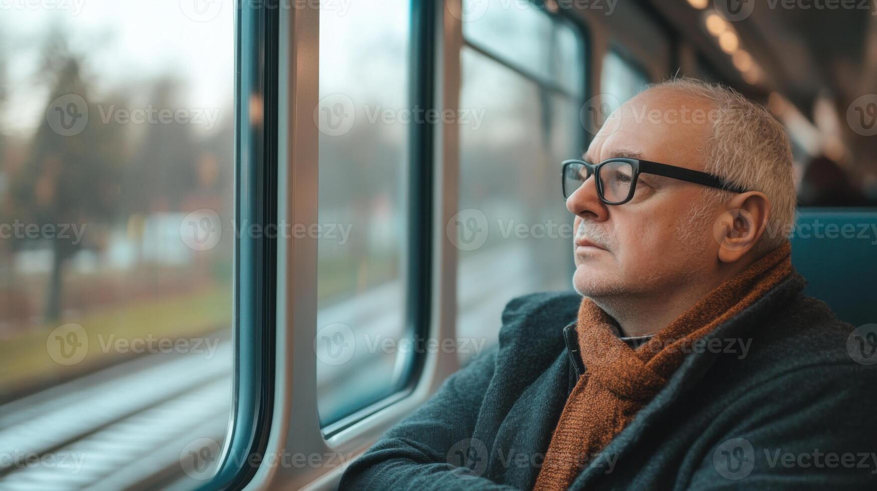 Man Gazing Out Train Window photo
