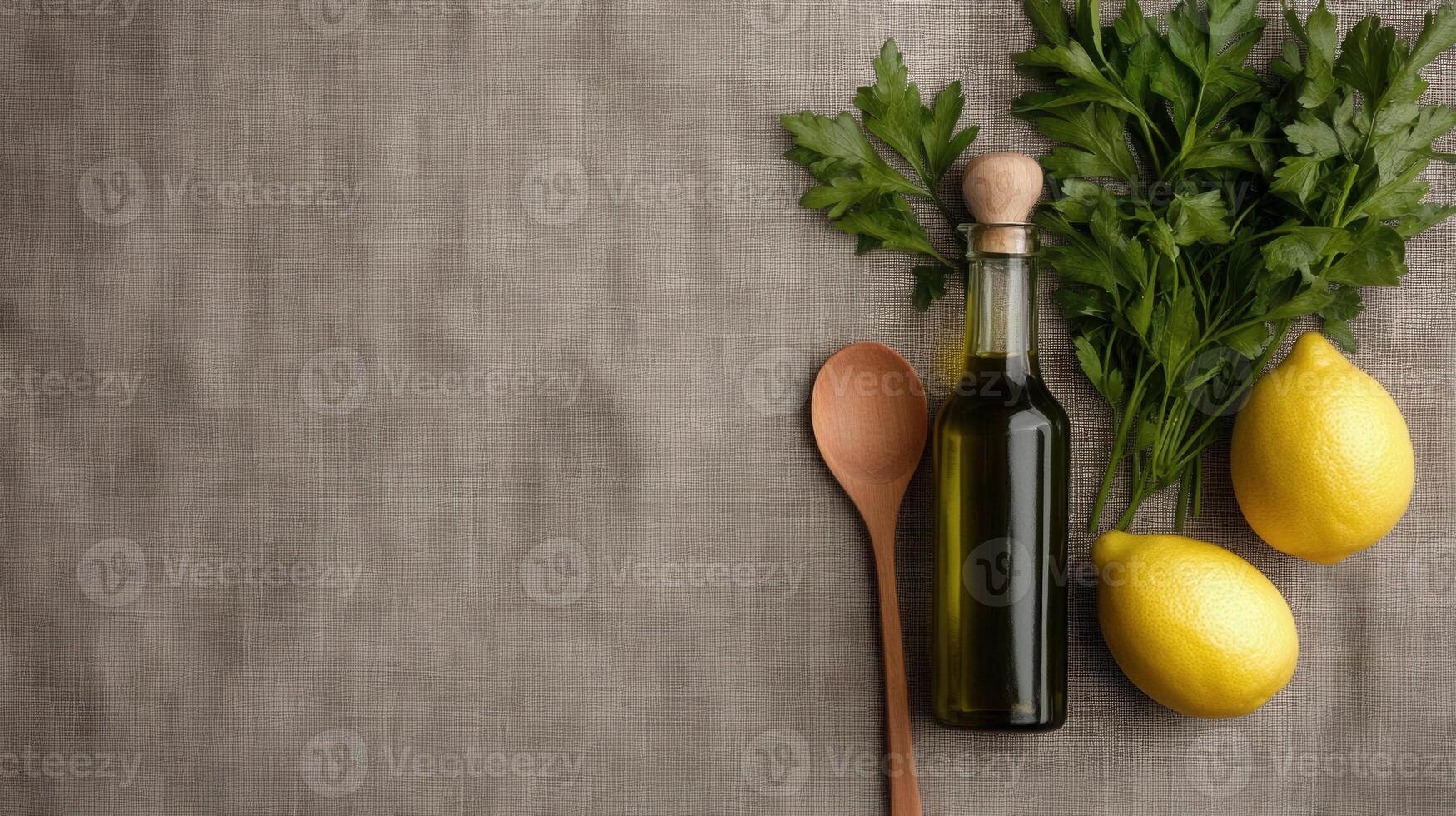 Olive Oil, Lemons, Parsley on Linen photo