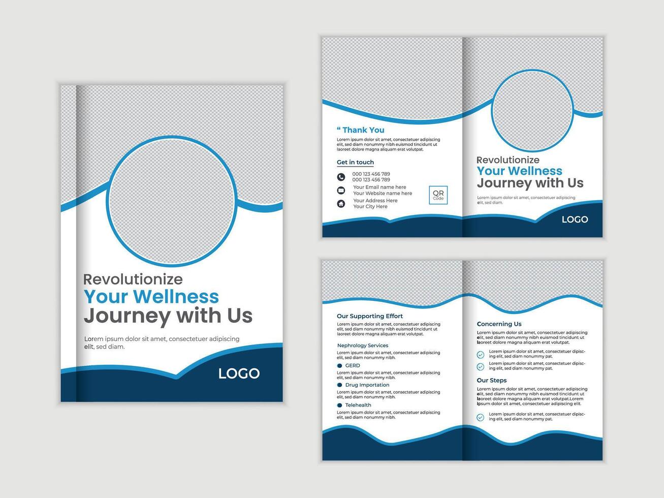 Professional Bi-Fold Brochure Design Revolutionize Your Wellness Journey with a Modern, Clean and Calming Blue Theme vector