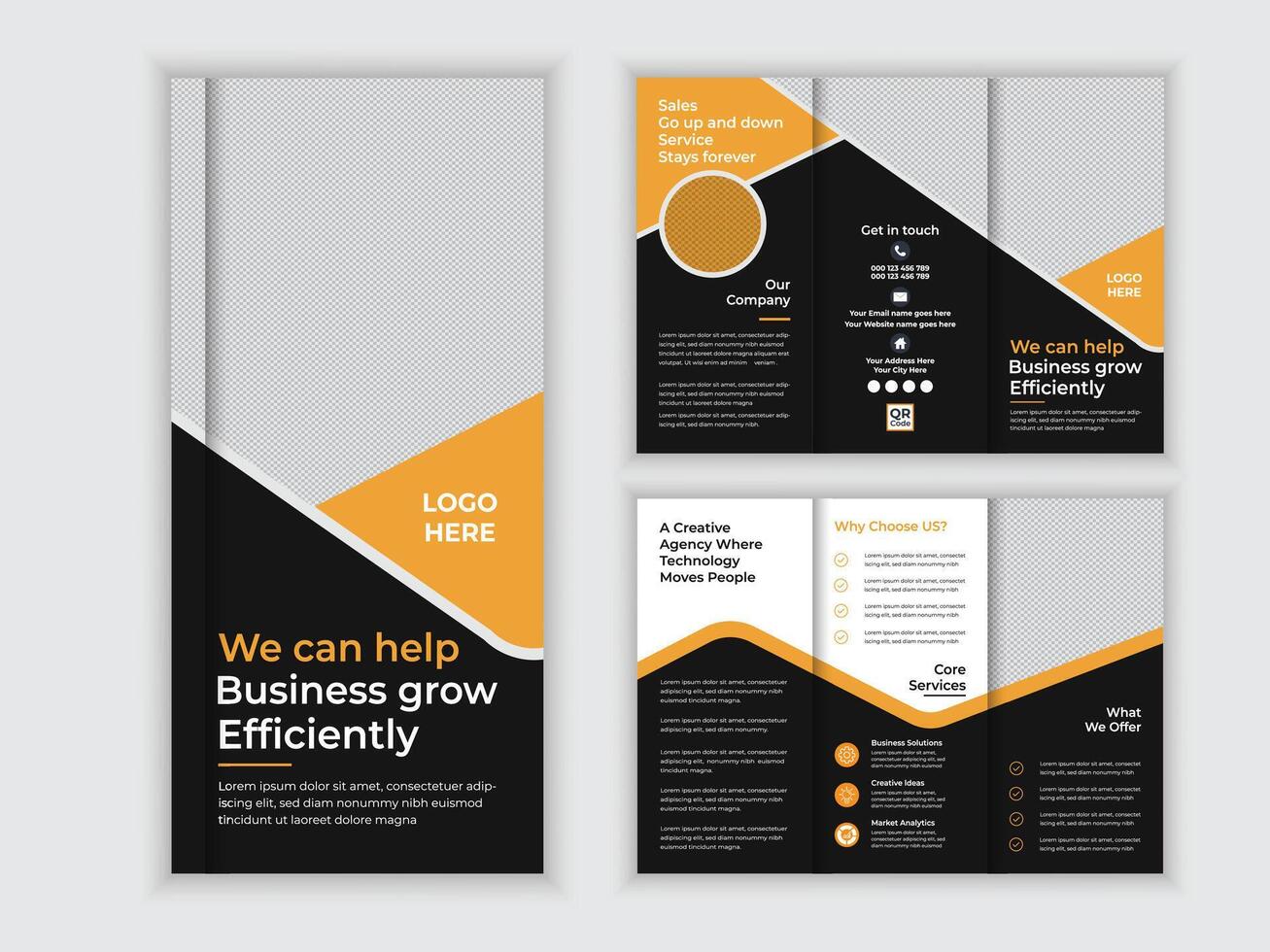 Professional Tri-Fold Brochure Design Modern Black and Orange Business Growth Template for Efficient Marketing - Professional digital artwork with vibrant colors and detailed composition vector