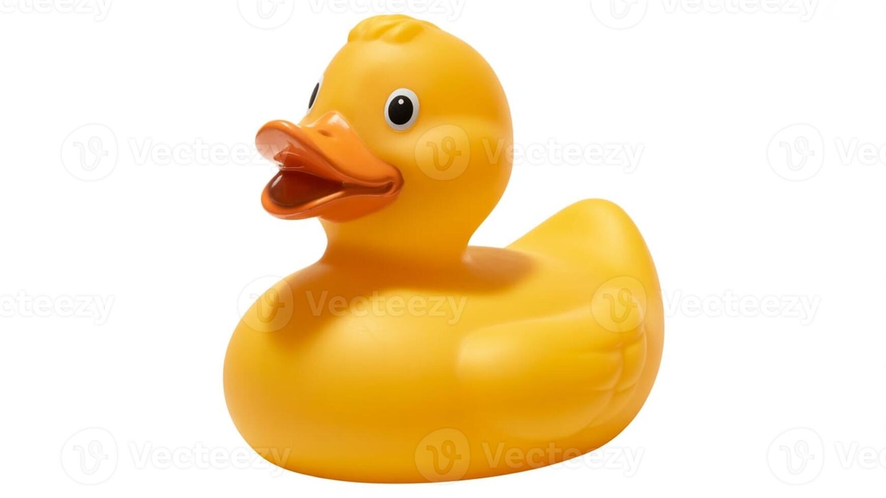 A single yellow rubber duck with an orange beak isolated on a plain white background view photo