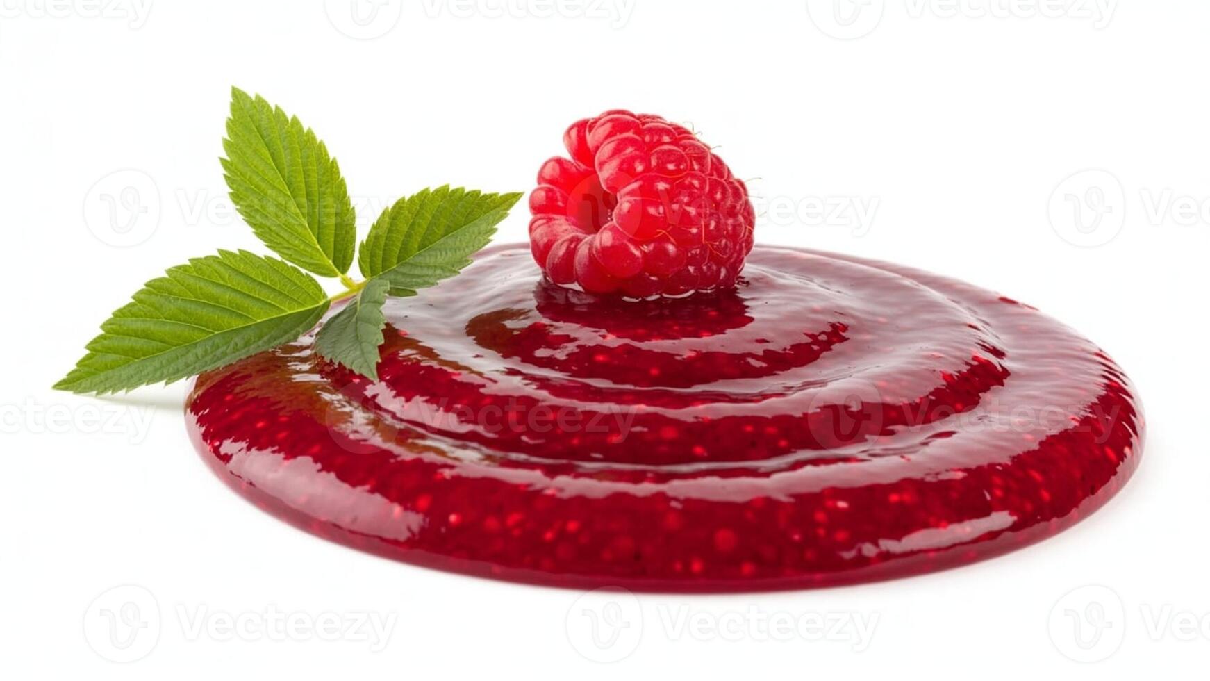 A single raspberry on a pool of raspberry jam with green leaves on a white background view photo