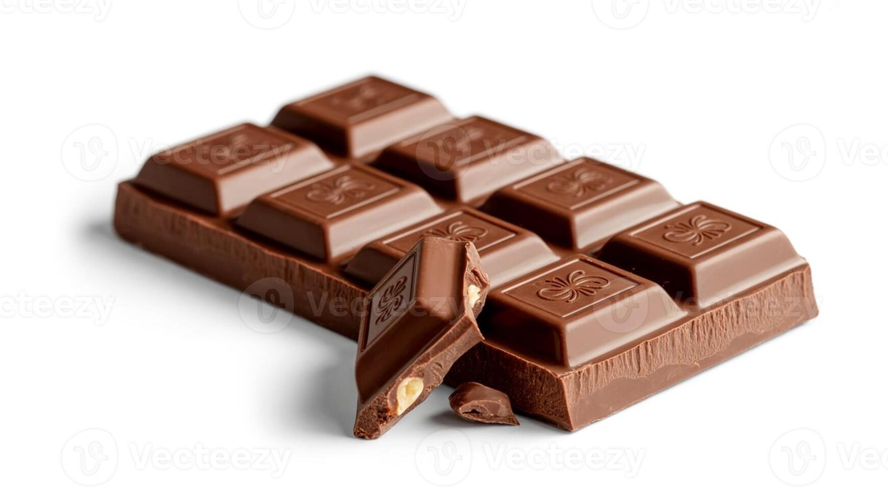 A close up shot of a chocolate bar with one piece broken off on white background photo