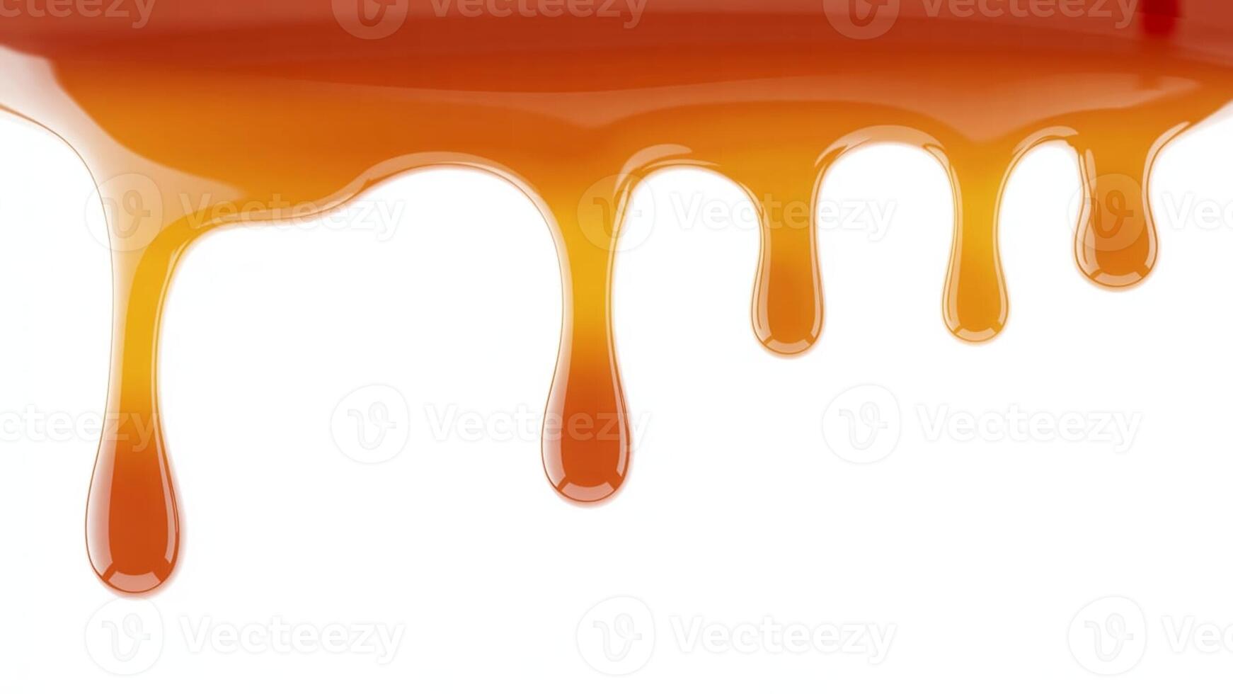 Close up of caramel sauce dripping down against a plain white background surface photo