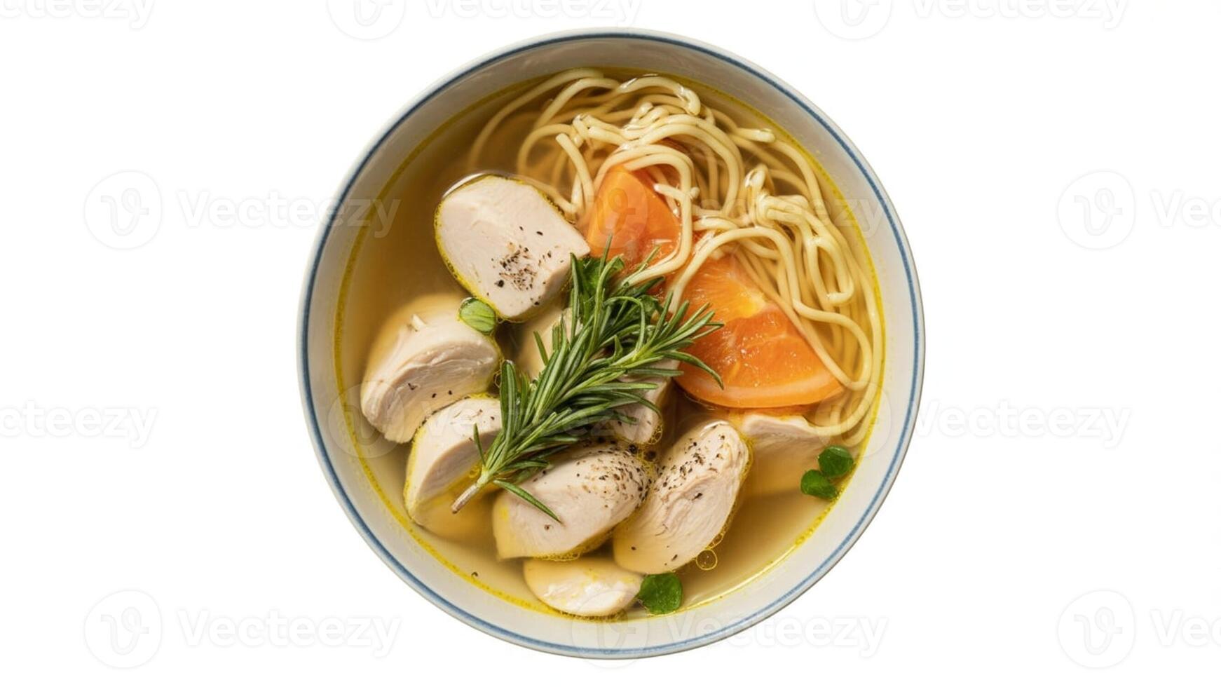 A bowl of chicken noodle soup with carrots and rosemary on a white background photo