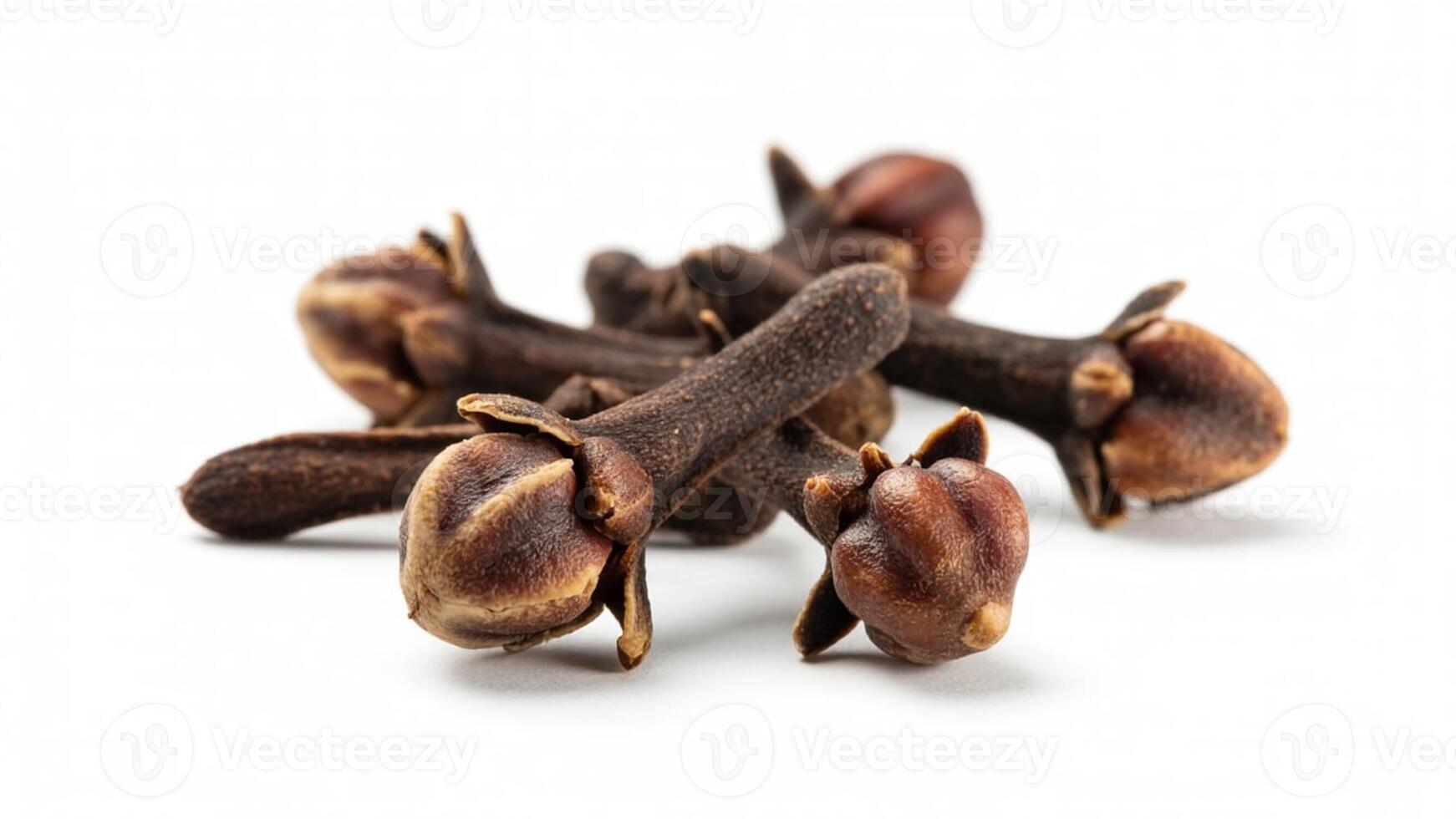 A close up view of a small pile of dried brown cloves on a white background surface photo