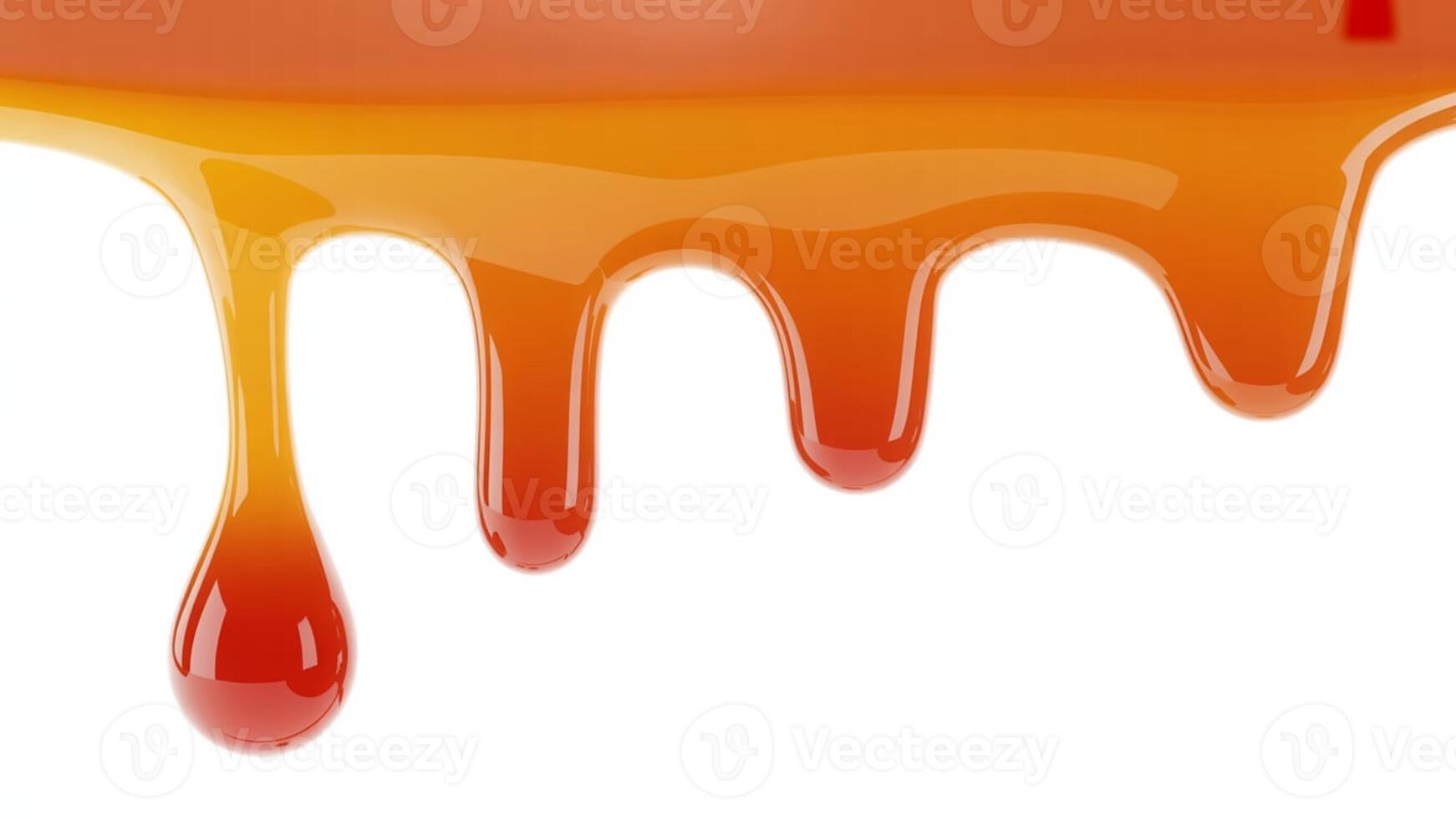 Close up of dripping caramel sauce against a white background with smooth texture looks sweet photo