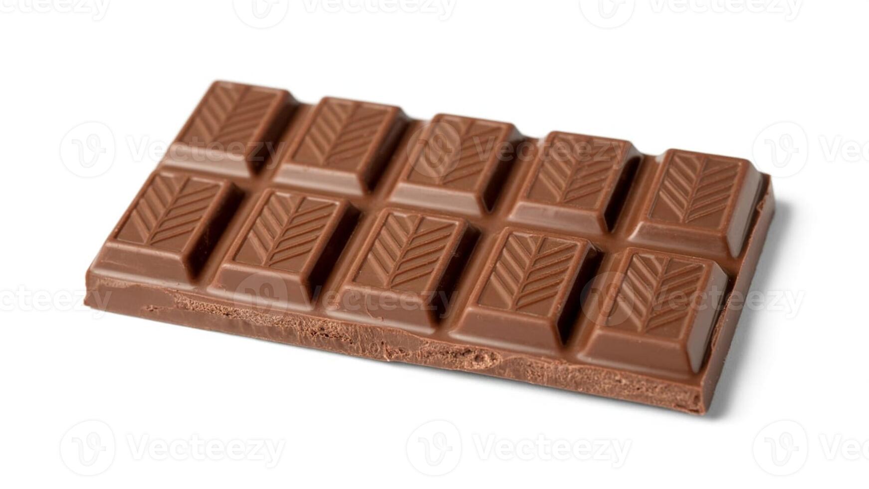 Close up shot of a milk chocolate bar with rectangular segments on a white background surface photo