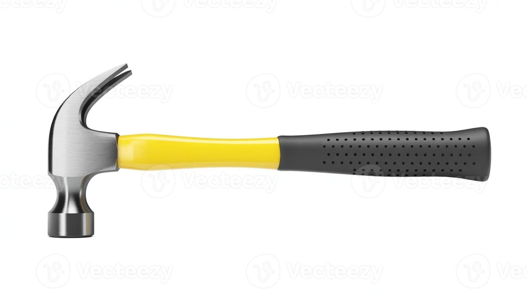 A close up shot of a hammer with a yellow and black handle on a white background surface photo