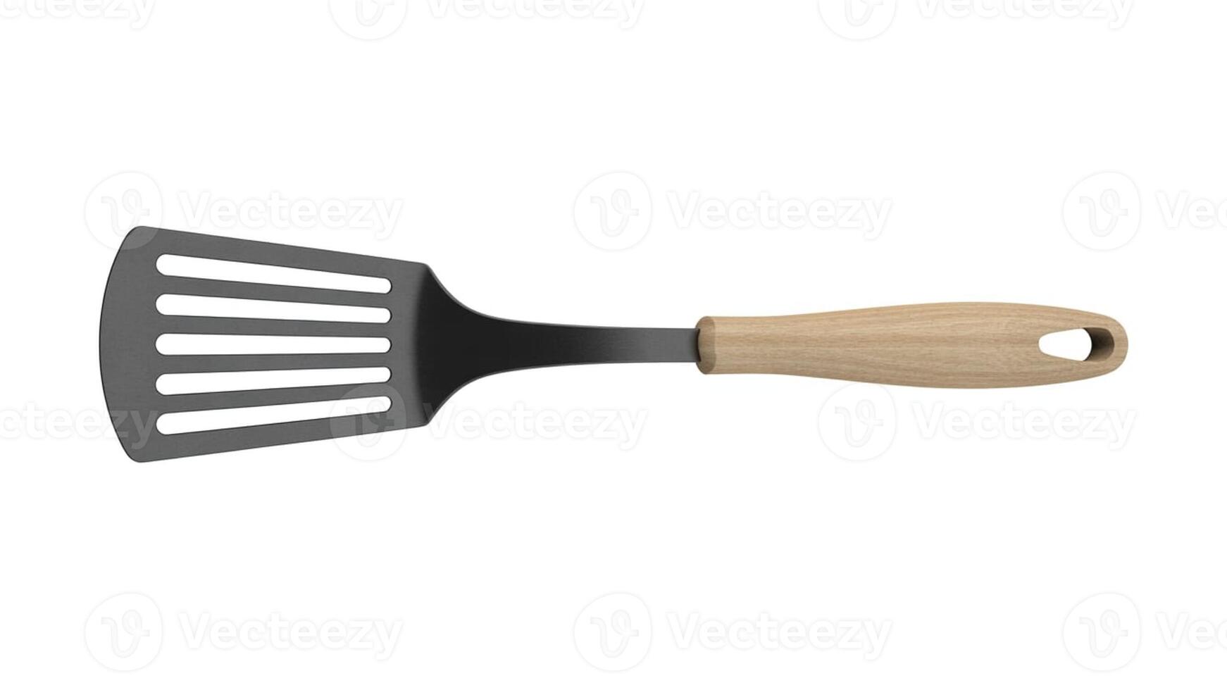 Isolated kitchen spatula with wooden handle and slotted metal head on white backdrop photo