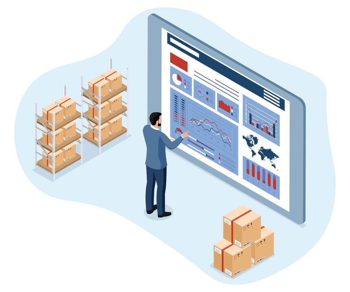 Man analyzing inventory data on screen vector