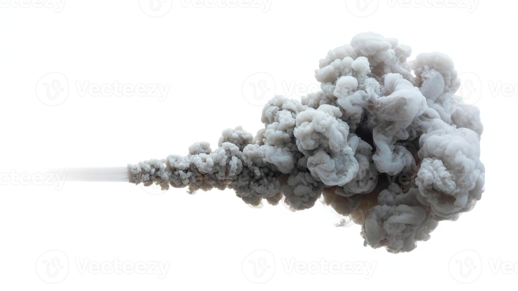 A horizontal plume of gray smoke billowing against a stark white background in the studio photo