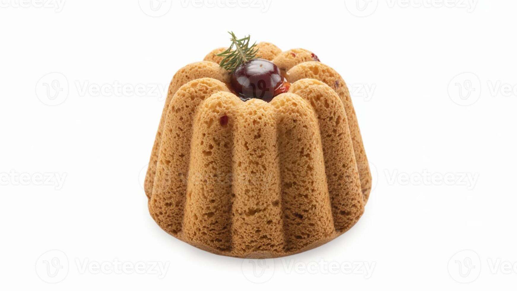 Close up of a bundt cake with a cherry and rosemary sprig on a white background photo