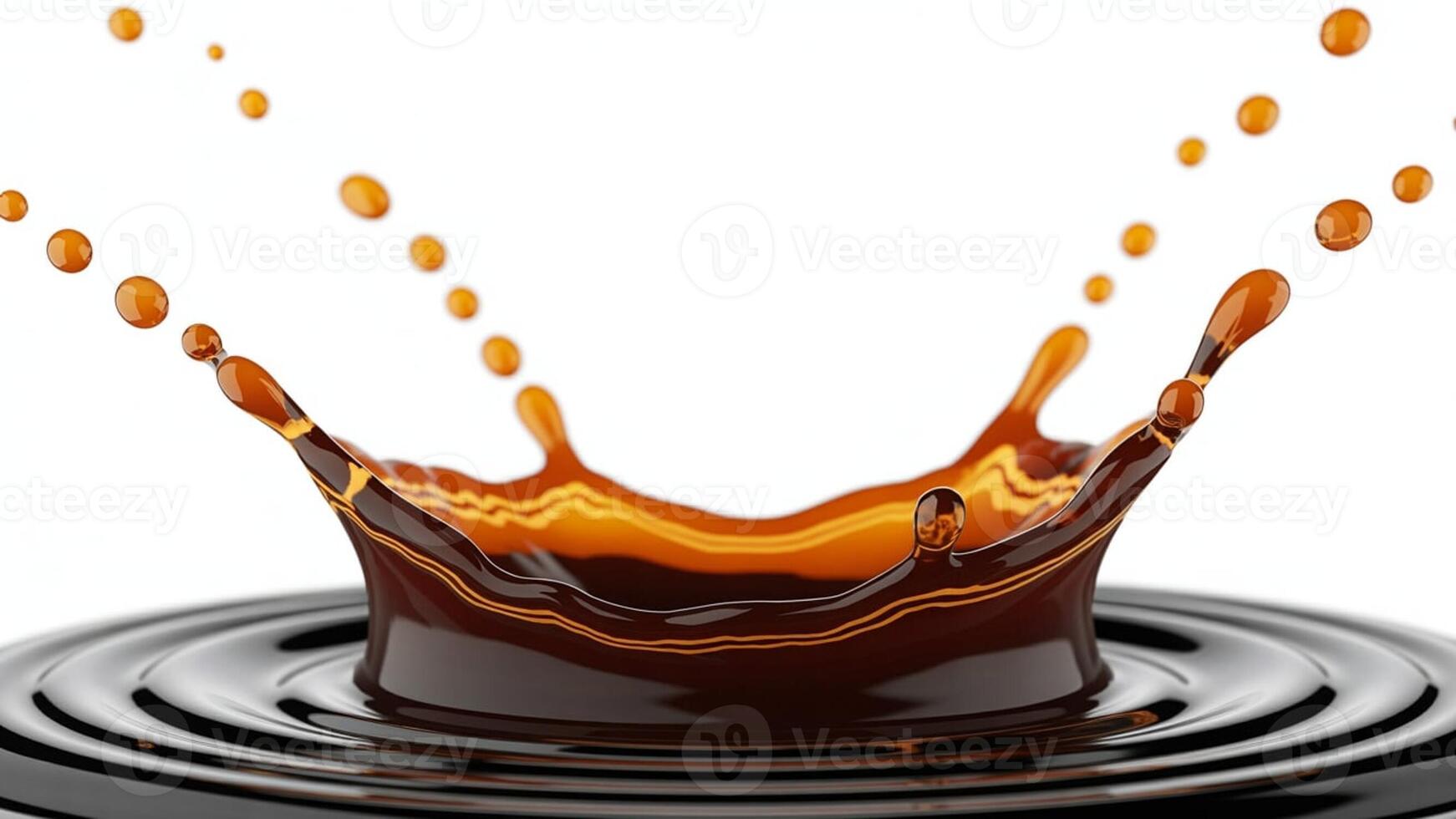 Close up of a brown liquid splash with droplets on a white background studio shot photo
