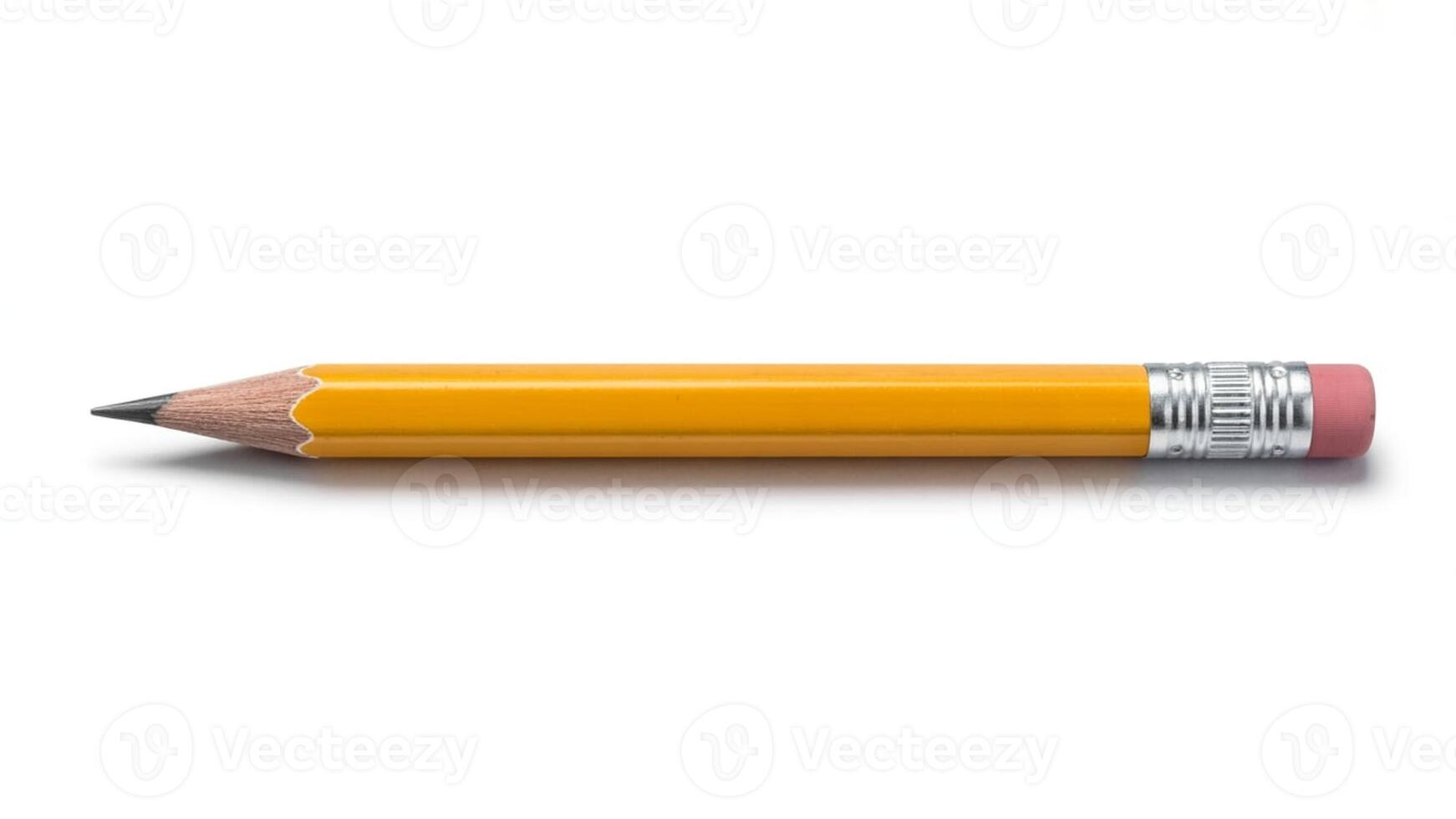 A single yellow pencil lying horizontally on a white surface in a studio shot photo